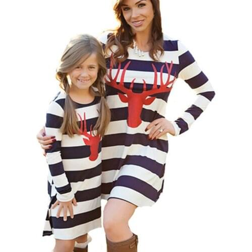 Outfit In The Autumn of The New Mother and Daughter Outfit Dress Long Sleeve Stripe Deer Head Parent-child Skirt Winter Clothing