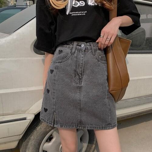 Leixin original large size womens split denim skirt womens summer love embroidery high waist A-line skirt slim skirt