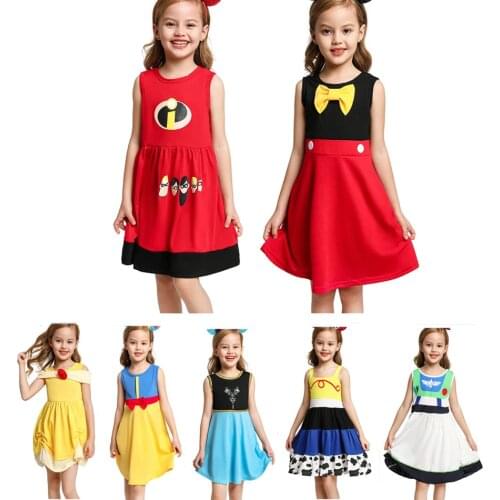 Cute Girls Princess Dresses Belle Minnie Mickey Snow White Birthday Party Costumes Cotton Sleeveless Kids Fille Fancy Dress