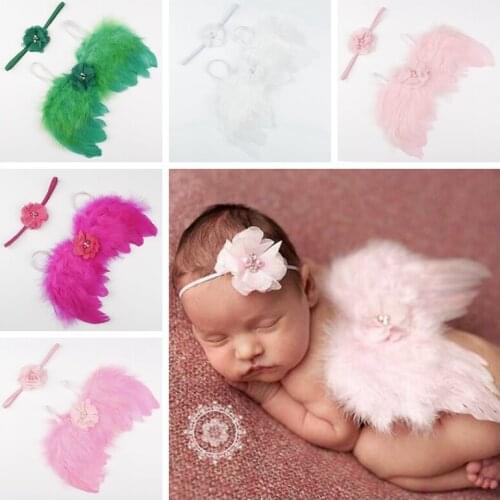 Infant Feather Angel Wing with Chiffon Pearl Flower Headband Costume Set Infant Photography Props Accessories Holiday Decoration