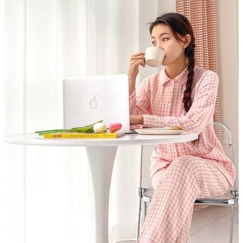 Couple Pajamas Spring And Autumn 100%Cotton Long Sleeve 2021 New Candy Plaid Mens And Womens Double Layer Yarn Soft Home Suit
