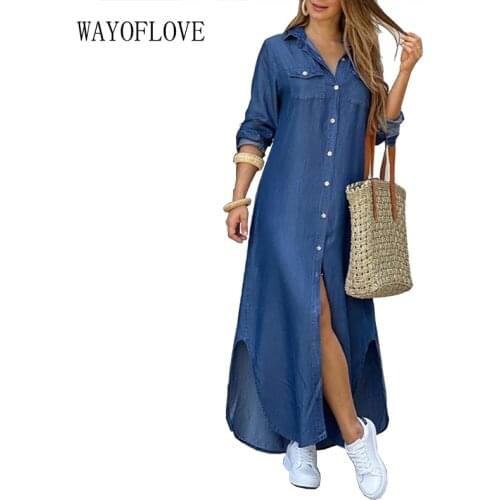 WAYOFLOVE New Denim Blue Solid Dress Women 2021 Elegant Casual Plus Size Robe Long Sleeve Dresses Woman Button Shirt Long Dress