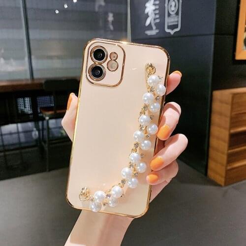 Luxury Plating Pearl Chain Phone Case For iPhone 11 12 Pro Max 12 Mini XS Max X XR 7 8 Plus SE 2020 Wrist Bracelet Cover Case