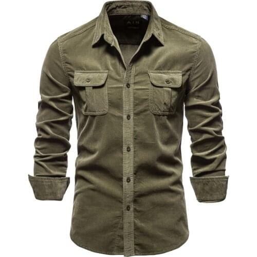 New Single Breasted 100% Cotton Mens Shirt Business Casual Fashion Solid Color Corduroy Men Shirts Autumn Slim Shirt Men