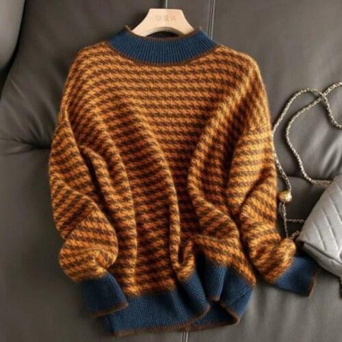 2021 Winter Autumn New Women Outerwear Houndstooth Half High Neck Long Sleeve Striped Sweater Pullover Loose Warm Soft Jumpers