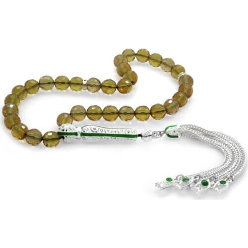 Tesbihane Alpaka Tassels Green Enamel Globe Cut Zultanite Rosary
