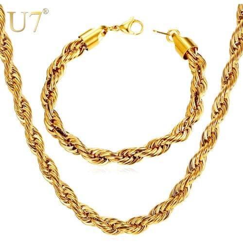 U7 Gold Color Chain Necklace Set Wholesale Trendy Stainless Steel 6MM Width Rope Chain Necklace Bracelet Men Jewelry Sets S838