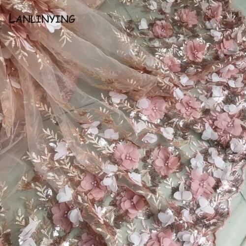 High-end Women DIY Garment 3D Chiffon Flowers Applique Lace Fabric Beaded Sequins Embroidered Wedding Dress Mesh Fabric D656