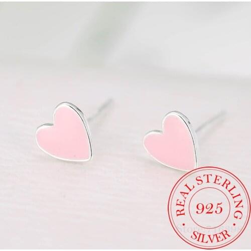 925 Sterling Silver Pink Glaze Cute Heart Stud Earrings For Women 2018 Summer New Jewelry pendientes EH735
