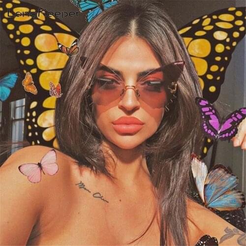 LongKeeper Women Butterfly Sunglasses Luxury Brand Designer Fashion Oversized Rimless Glasses Female Gradient Lens Shades Oculos