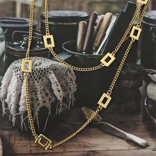 Classic Gold Color Plating Hollow Square Pendant Two Layered Long Necklace For Women Lady Decoration Gift Party Casual Jewelry