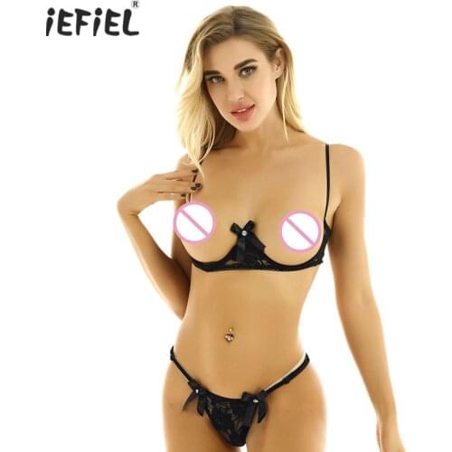 IEFiEL Womens Erotic Sheer Lace Lingerie Sets Exposed Breasts Underwired Shelf Bra with G-string Crossdressing Sissy Nightwear