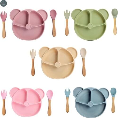 1 Set Food Grade Silicone Baby Feeding Plate Tableware BPA Free Bear Tableware Kids Training Feeding Dinner Plate Fork Spoon Set