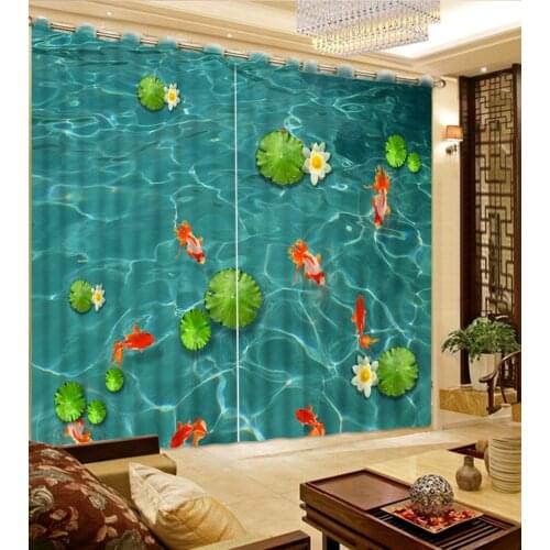 3D Blackout Window Curtains For Kids Bedding room Living room Hotel Drapes Cortinas Green lotus leaf fish 3D Curtains