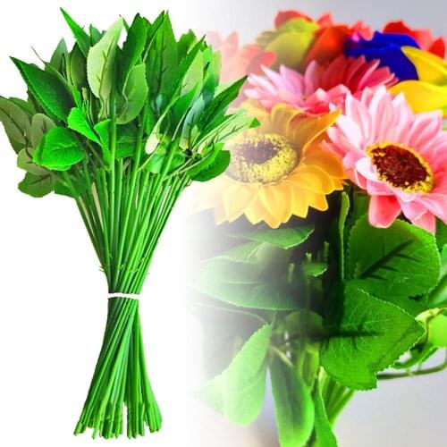 50Pcs 33cm Universal Artificial Roses Flower Stems Green Leaf Flower Pole Bouquet DIY Flower Head Accessory Wedding Decoration