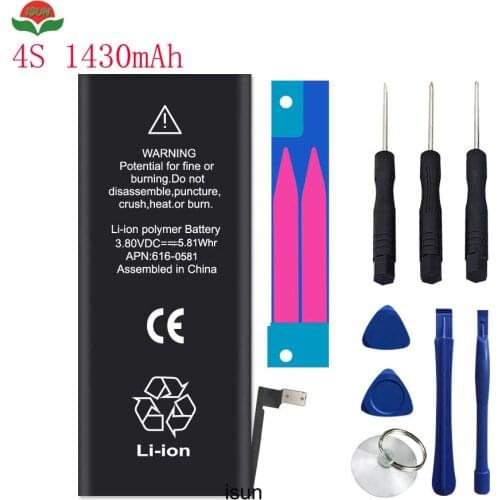 ISUN AAAA quality 1430mAh 100% brand new 0 cycle 4 S battery for iPhone 4S battery repair replacement with free repair tools