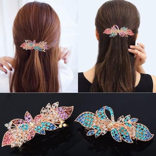 Large Korean Version Of Crystal Set Diamond Spring Hair Clip Leaves Flower Hair Clip Popular Crossbar Accessories Wholesale