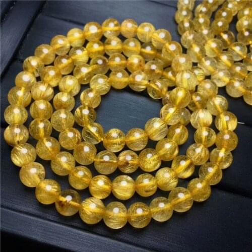 3rows Natural Gold Rutilated Quartz Titanium Crystal Beads Bracelet 7.5-7mm AAA