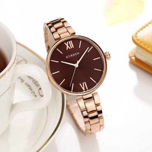 New Women Watches Luxury Brand Watch Rose Gold Women Quartz Clock Creative Wood Pattern Dial Fashion Wristwatch CURREN 9017