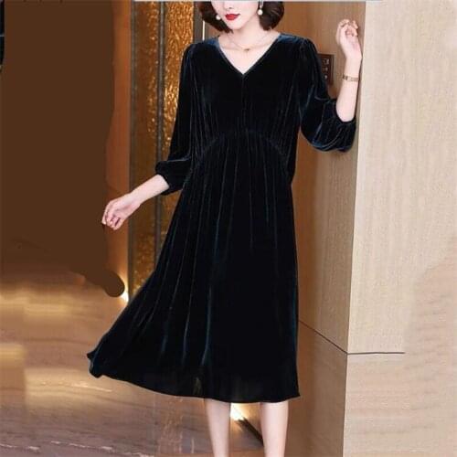 Retro French Style Elegant long dress loose slim three quarter sleeve velvet dress 2021 autumn ruffles party vestido 10 colors