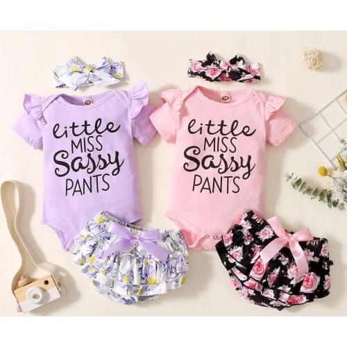 2021 Summer Newborn Short Sleeve Romper + Shorts + Bow Headband, Little Miss Sassy Pants Elastic Waist Summer Clothing