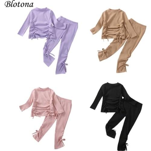 Blotona Kids Baby Girls Solid Color Clothes Set Long Sleeve O-Neck Ribbed Shirred Tops Pants Spring Fall Casual Outfits, 18M-6Y