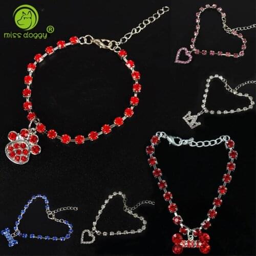 Fashion Crystal Bone/Paw/Heart/Princess Pet Accessories Puppy Dog Collar Stainless Steel Lead Necklace for Chihuahua Dog Jewelry