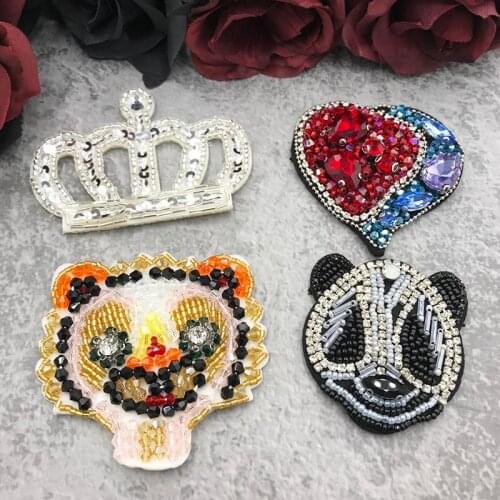 Fashion Beads Embroidered Tiger Panda Patch for Clothes Sew on Rhinestones Parches Crown Love Appliques Decoration Badges Parche