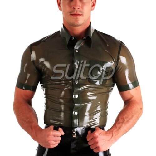 Fancy sexy rubber latex costume shirt front button in trasparent green
