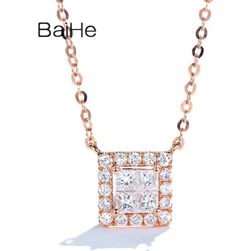BAIHE Solid 18K White/Yellow/Rose Gold 0.16ct H/SI Natural Diamond 0.12ct Diamond Women Engagement Fine Jewelry Square Necklaces