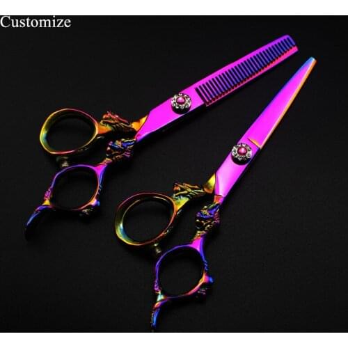 Customize logo Japan steel 6 '' rainbow dragon hair scissors haircut thinning barber hair cutting shears Hairdresser scissors