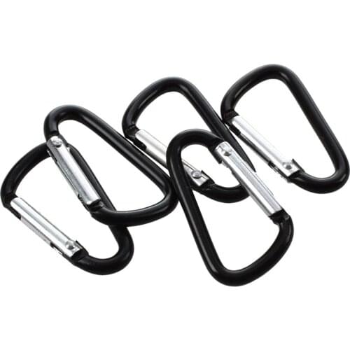 5x Hiking Spring Loaded 4mm Dia Black Aluminum Alloy Carabiner Hooks