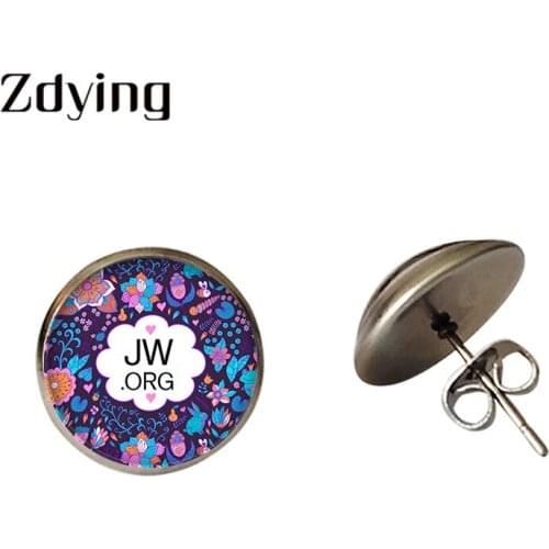 ZDYING Fashion JW.org Stud Earrings Glass Flowers JW.ORG Letter Pattern Cabochon Earrings For Woman Men Party Jewelry Gift J032