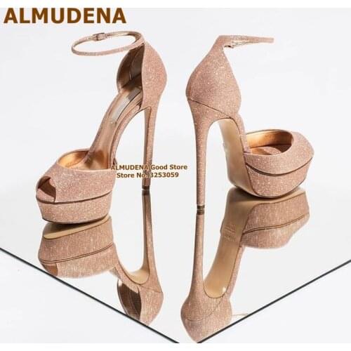 ALMUDENA Gold Sequined High Heel Shoes Open Toe Platform Glitter Wedding Pumps Concise Bling Bling Bride Shoes Size46 Dropship