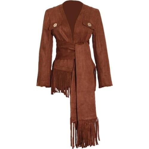 Spring womens jackets new style hem tassel design with belt imitation deer suede leather multiple ways to wear womens clothes