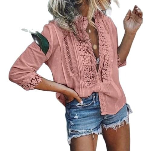 Lace Patchwork Hollow out Womens Shirts Long Sleeve O-Neck Single Breasted Female 2021 Spring Solid Casual Ladies Clothes