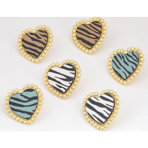 Zebra Stripe Print Leather Heart Stud Earrings for Girls Gold Color Bead Accented Baroque Jewelry Valentine Gifts