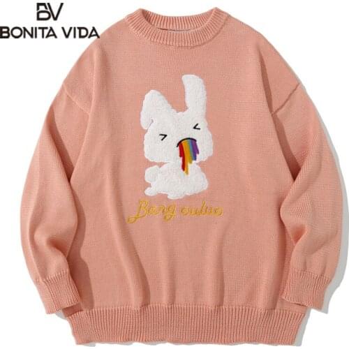 Bonita Vida Harajuku Streetwear Sweaters Embroidery Cartoon Rabbit Rainbow Knitted Jumpers Sweater Hip Hop Fashion Casual Tops