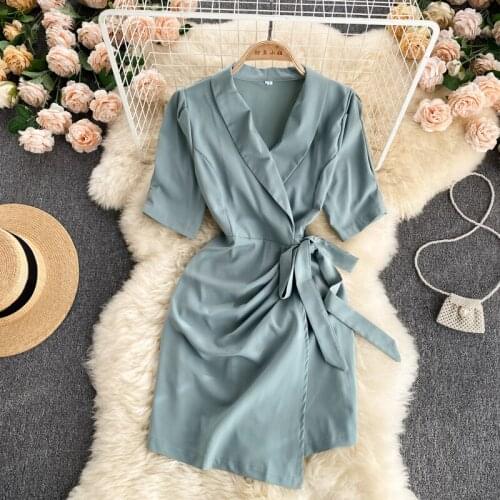 Korobov Office Lady Short Sleeve Blazers Women Dress 2021 New Korean Eleagnt Dresses Vintage Solid Lacing Vestidos