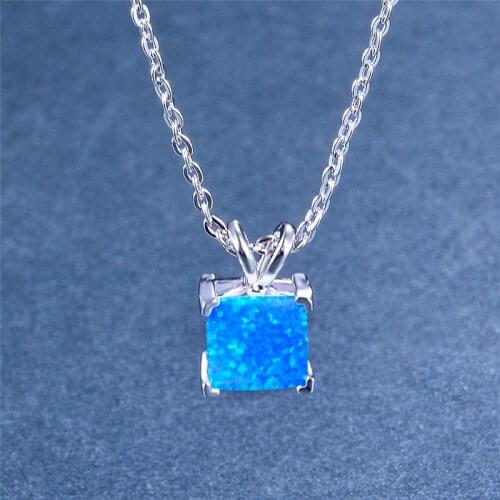 Boho Women Ladies Small Square Pendants Necklaces silver color Necklace Blue White Fire Opal Necklace