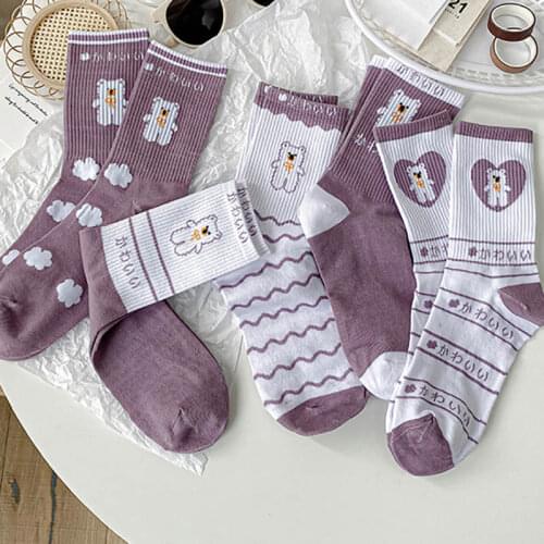 1Pair Nice Gift Mid Tube Socks Cartoon Bear Sports Style Women Socks Purple Cotton Embroidery Japanese Cute Socks