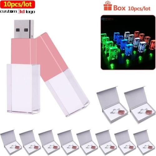 10pcs/lot Crystal Usb2.0 Sticks 3D Engraved Custom Logo 4GB 8GB 16GB Flash Drive + Box Pendrive 32GB 64GB Transparent Glass Gift