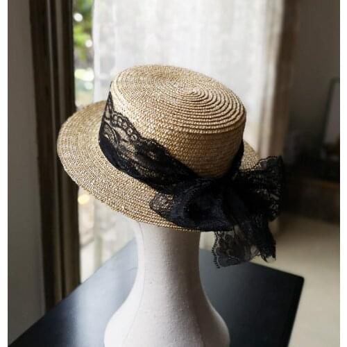 202107-wo new black lace bowknot handmade straw solid lady fedoras cap women panama jazz hat