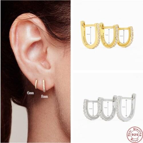 Aide 925 Sterling Silver White Cubic Zirconia U Shape Hoop Earrings For Women Tiny Circle Second Hole Cartilage Earring Hoops