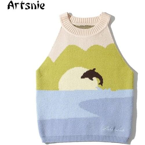 Artsnie Streetwear Cartoon Print Sweater Vest Women O Neck Sleeveless Slim Pull Femme Blue Vintage Casual Cropped Sweater Vest