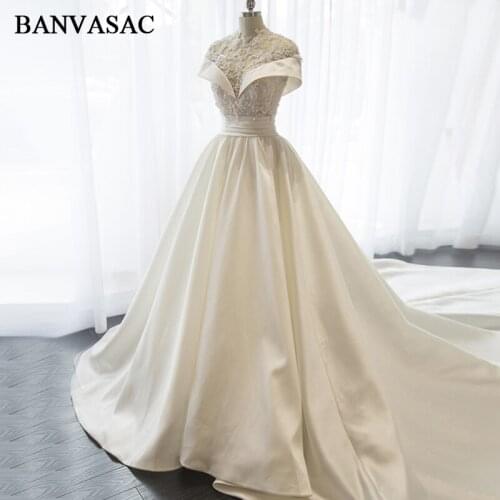 BANVASAC 2018 High Collar A Line Wedding Dresses Short Cap Sleeve Sequined Sash Real Photos Chapel Train Bridal Gowns