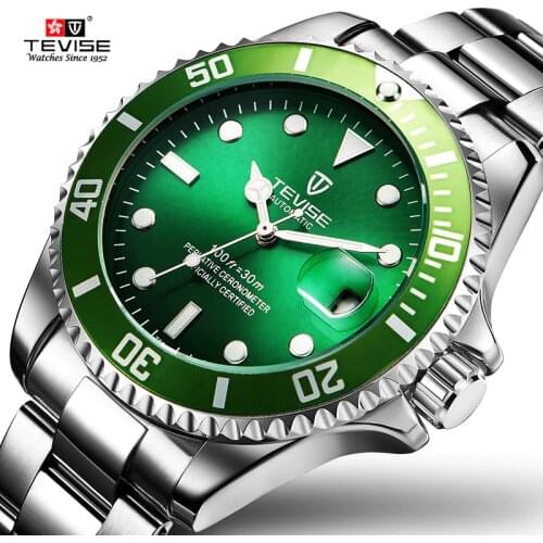 TEVISE Green Watch Men Automatic Mechanical Anti-Scratch Rotatable Outer Ring Waterproof Luminous Mens Watches Top Brand Luxury