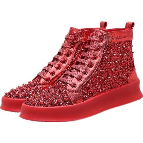 Silver Red Punk Rivets Men Sneakers Hip Hop High Tops Thick Bottom Flats Casual Shoes Tenis Zapatillas Hombre
