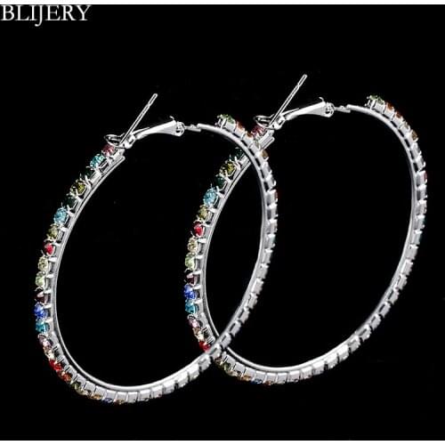 BLIJERY Fashion Women Wedding Jewelry Multicolor Rhinestone Big Circle Earrings Silver Plated Crystal Hoop Earrings Party Gifts