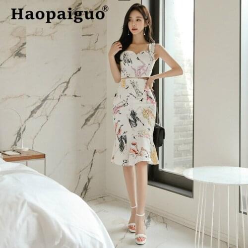 2019 Summer Korean Style Casual Two Piece Set Short Print Floral Tank Amd Corset Bodycon Midi Skirt White 2 Piece Set Plus Size